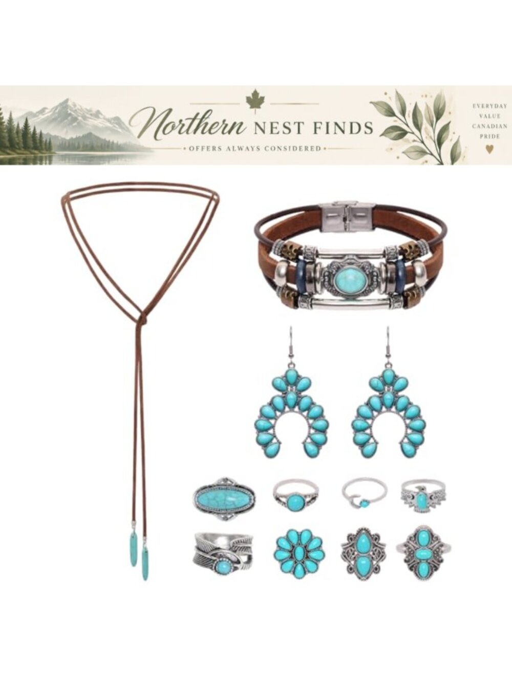 11 Pc Bohemian Turquoise Jewelry Set Lariat Necklace Earrings Rings